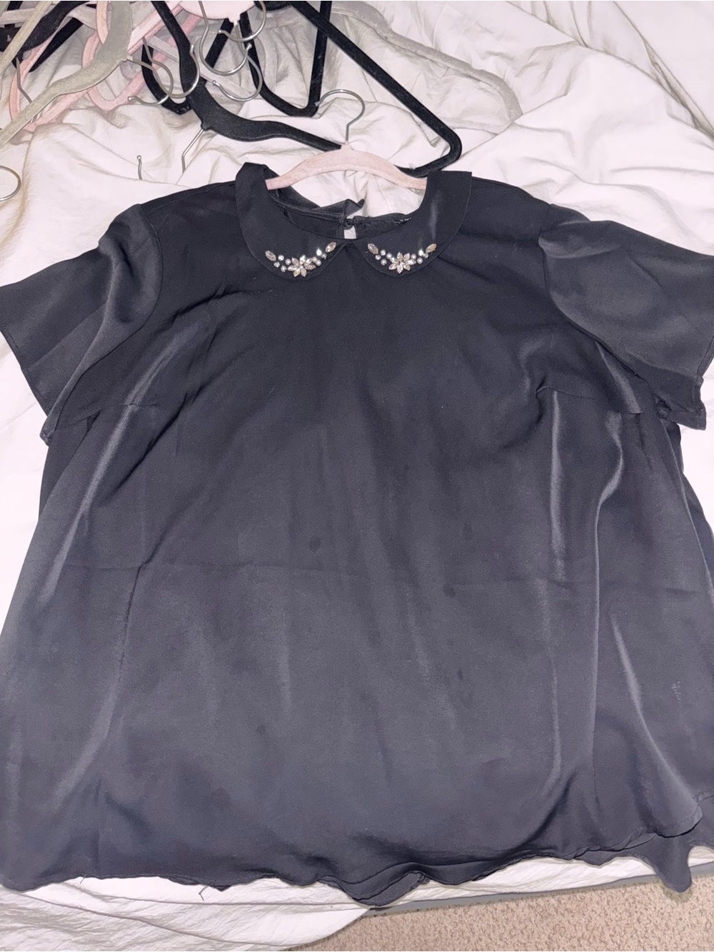 Embellished Peter Pan Collar Black Blouse